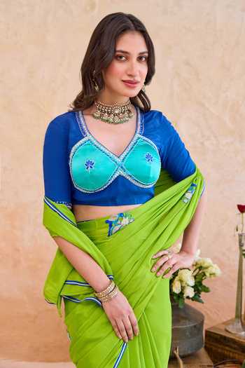 Buy_Taro_Green Silk, Crepe V-neck Parijata Embroidered Saree With Blouse _Online_at_Aza_Fashions