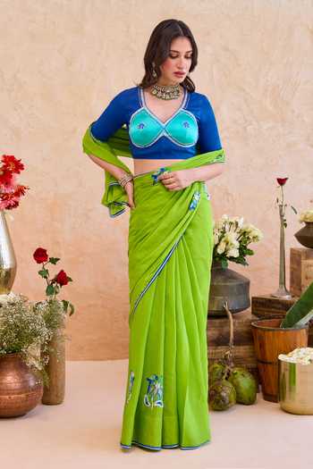 Shop_Taro_Green Silk, Crepe V-neck Parijata Embroidered Saree With Blouse _Online_at_Aza_Fashions