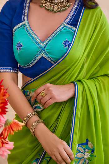 Taro_Green Silk, Crepe V-neck Parijata Embroidered Saree With Blouse _at_Aza_Fashions