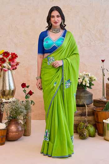 Buy_Taro_Green Silk, Crepe V-neck Parijata Embroidered Saree With Blouse 