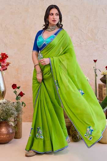Buy_Taro_Green Silk, Crepe V-neck Parijata Embroidered Saree With Blouse _at_Aza_Fashions