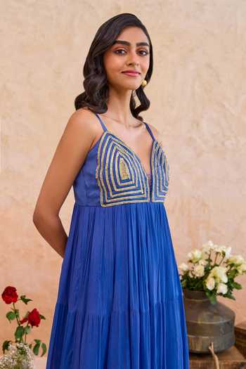 Taro_Blue Silk, Crepe, Satin Sweetheart Neck Nayla Flared Dress _Online_at_Aza_Fashions