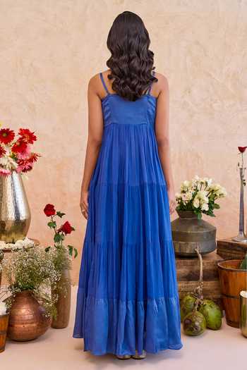 Shop_Taro_Blue Silk, Crepe, Satin Sweetheart Neck Nayla Flared Dress _at_Aza_Fashions