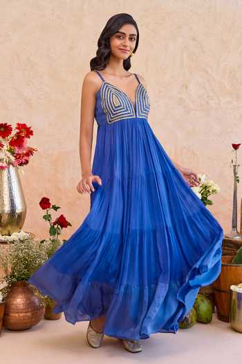 Buy_Taro_Blue Silk, Crepe, Satin Sweetheart Neck Nayla Flared Dress _Online_at_Aza_Fashions
