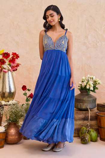 Taro_Blue Silk, Crepe, Satin Sweetheart Neck Nayla Flared Dress _at_Aza_Fashions