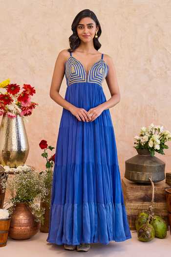 Buy_Taro_Blue Silk, Crepe, Satin Sweetheart Neck Nayla Flared Dress _at_Aza_Fashions