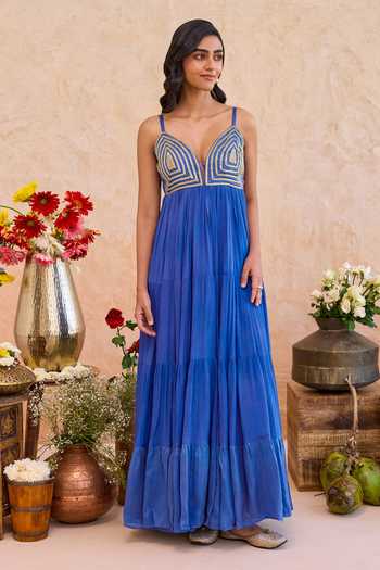 Buy_Taro_Blue Silk, Crepe, Satin Sweetheart Neck Nayla Flared Dress 
