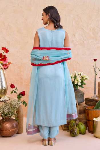 Shop_Taro_Sky Blue Silk Satin, Organza V-neck, Yes Vaidehi Sleeveless Kurta Set _at_Aza_Fashions