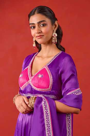 Taro_Purple Silk Satin V-neck Noorvi Embroidered Anarkali Set _Online_at_Aza_Fashions