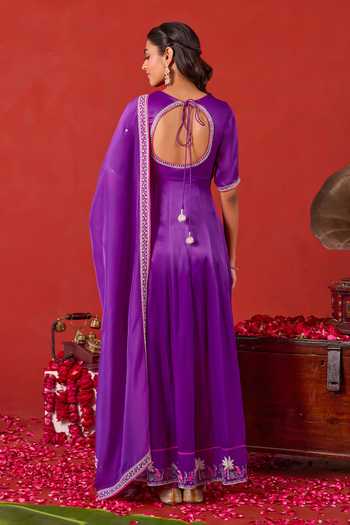 Shop_Taro_Purple Silk Satin V-neck Noorvi Embroidered Anarkali Set _at_Aza_Fashions