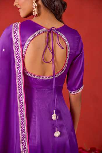 Buy_Taro_Purple Silk Satin V-neck Noorvi Embroidered Anarkali Set _Online_at_Aza_Fashions