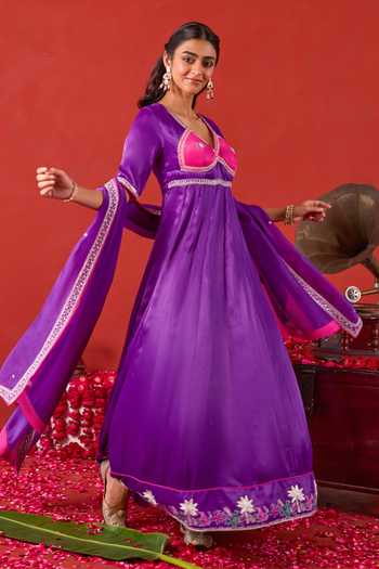 Shop_Taro_Purple Silk Satin V-neck Noorvi Embroidered Anarkali Set _Online_at_Aza_Fashions
