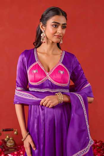 Taro_Purple Silk Satin V-neck Noorvi Embroidered Anarkali Set _at_Aza_Fashions