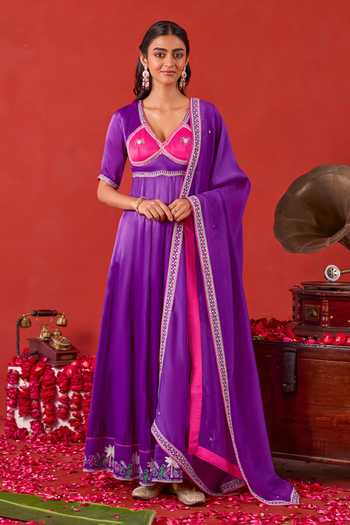 Buy_Taro_Purple Silk Satin V-neck Noorvi Embroidered Anarkali Set _at_Aza_Fashions