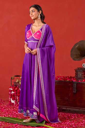 Shop_Taro_Purple Silk Satin V-neck Noorvi Embroidered Anarkali Set 