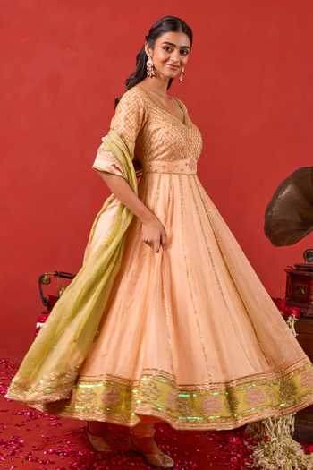 Taro_Peach Silk, Tissue Leaf Neck Inaayat Embroidered Anarkali Set _Online_at_Aza_Fashions