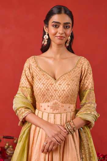Taro_Peach Silk, Tissue Leaf Neck Inaayat Embroidered Anarkali Set _at_Aza_Fashions