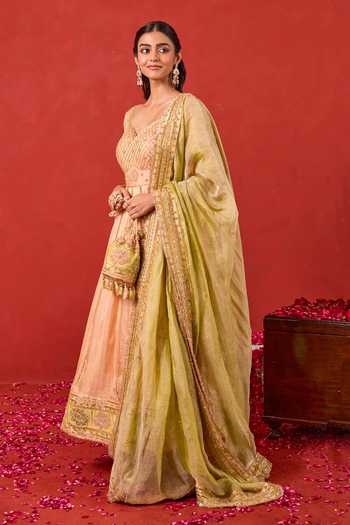 Shop_Taro_Peach Silk, Tissue Leaf Neck Inaayat Embroidered Anarkali Set 