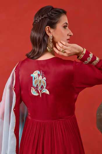 Taro_Red , Crepe, Satin V-neck Ruhani Embroidered Anarkali Set _Online_at_Aza_Fashions