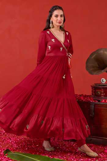 Buy_Taro_Red , Crepe, Satin V-neck Ruhani Embroidered Anarkali Set _Online_at_Aza_Fashions