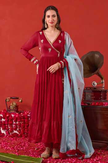 Shop_Taro_Red , Crepe, Satin V-neck Ruhani Embroidered Anarkali Set _Online_at_Aza_Fashions