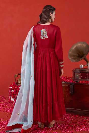 Shop_Taro_Red , Crepe, Satin V-neck Ruhani Embroidered Anarkali Set _at_Aza_Fashions