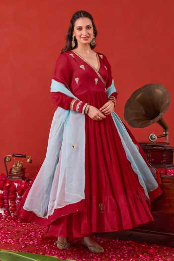 Taro_Red , Crepe, Satin V-neck Ruhani Embroidered Anarkali Set _at_Aza_Fashions
