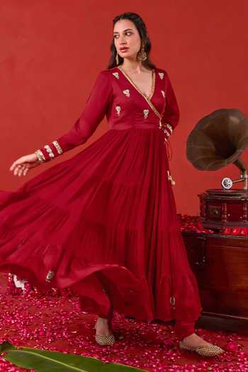 Buy_Taro_Red , Crepe, Satin V-neck Ruhani Embroidered Anarkali Set 