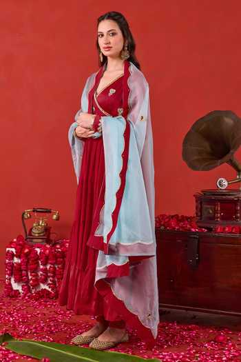 Shop_Taro_Red , Crepe, Satin V-neck Ruhani Embroidered Anarkali Set 