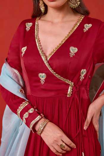Taro_Red , Crepe, Satin V-neck Ruhani Embroidered Anarkali Set _Online