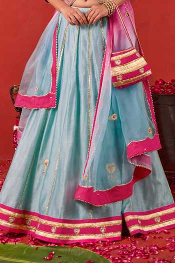 Taro_Blue Organza, Chanderi Silk V-neck Aayat Embroidered Lehenga Set _Online_at_Aza_Fashions
