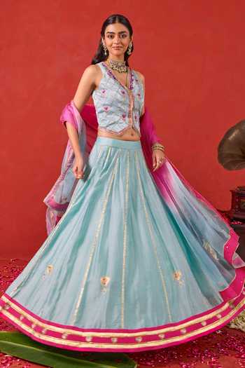 Buy_Taro_Blue Organza, Chanderi Silk V-neck Aayat Embroidered Lehenga Set _Online_at_Aza_Fashions