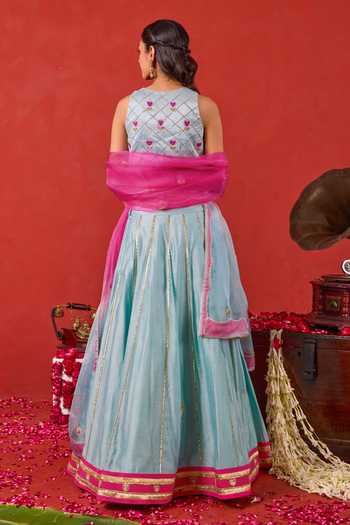 Shop_Taro_Blue Organza, Chanderi Silk V-neck Aayat Embroidered Lehenga Set _at_Aza_Fashions