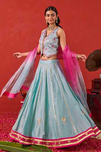 Shop_Taro_Blue Organza, Chanderi Silk V-neck Aayat Embroidered Lehenga Set _Online_at_Aza_Fashions