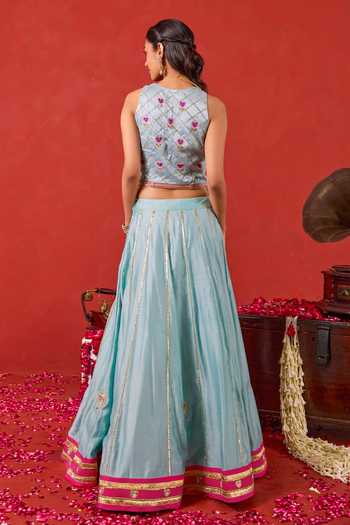 Taro_Blue Organza, Chanderi Silk V-neck Aayat Embroidered Lehenga Set _at_Aza_Fashions