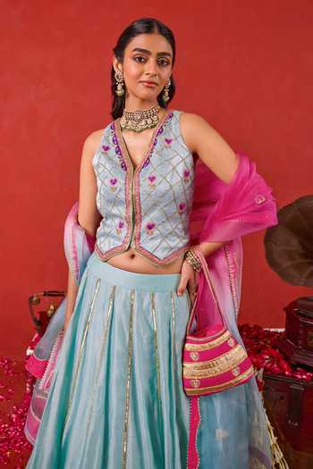 Buy_Taro_Blue Organza, Chanderi Silk V-neck Aayat Embroidered Lehenga Set 