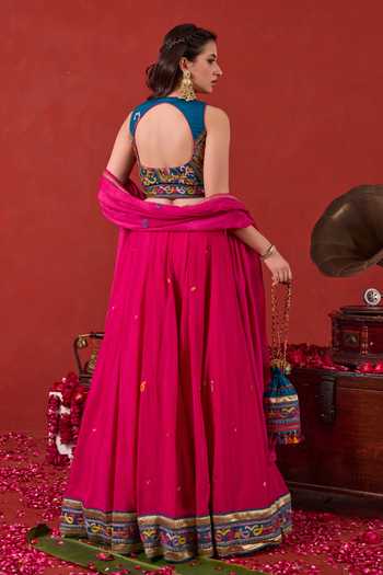 Shop_Taro_Fuchsia Silk, Chiffon Scoop Neck Nazakat Embroidered Lehenga Set _at_Aza_Fashions