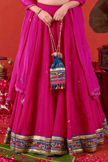Taro_Fuchsia Silk, Chiffon Scoop Neck Nazakat Embroidered Lehenga Set _Online_at_Aza_Fashions