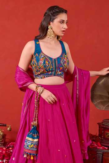Buy_Taro_Fuchsia Silk, Chiffon Scoop Neck Nazakat Embroidered Lehenga Set _Online_at_Aza_Fashions