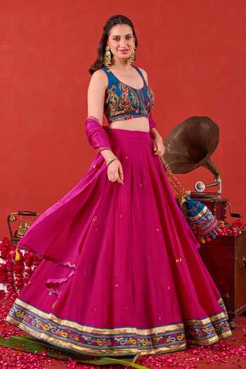 Shop_Taro_Fuchsia Silk, Chiffon Scoop Neck Nazakat Embroidered Lehenga Set _Online_at_Aza_Fashions