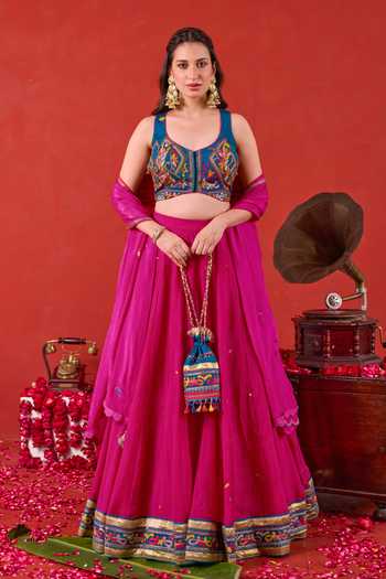Buy_Taro_Fuchsia Silk, Chiffon Scoop Neck Nazakat Embroidered Lehenga Set _at_Aza_Fashions