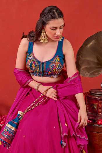 Taro_Fuchsia Silk, Chiffon Scoop Neck Nazakat Embroidered Lehenga Set _at_Aza_Fashions