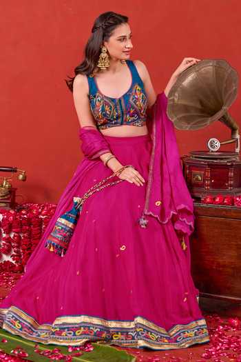 Buy_Taro_Fuchsia Silk, Chiffon Scoop Neck Nazakat Embroidered Lehenga Set 