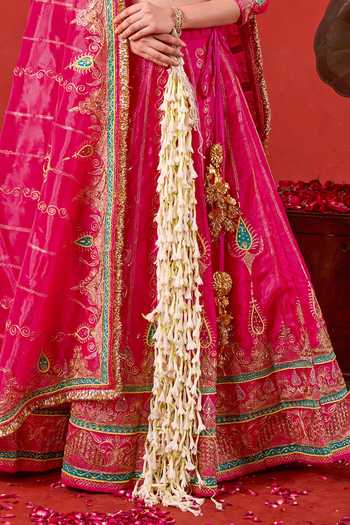 Shop_Taro_Pink Silk, Tissue Square Neck Nayaab Embroidered Lehenga Set _Online_at_Aza_Fashions