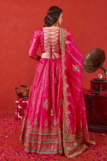 Shop_Taro_Pink Silk, Tissue Square Neck Nayaab Embroidered Lehenga Set _at_Aza_Fashions