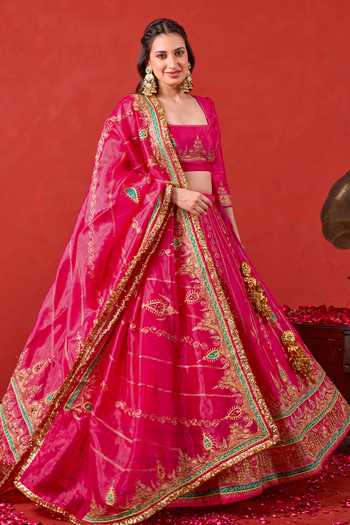 Taro_Pink Silk, Tissue Square Neck Nayaab Embroidered Lehenga Set _at_Aza_Fashions