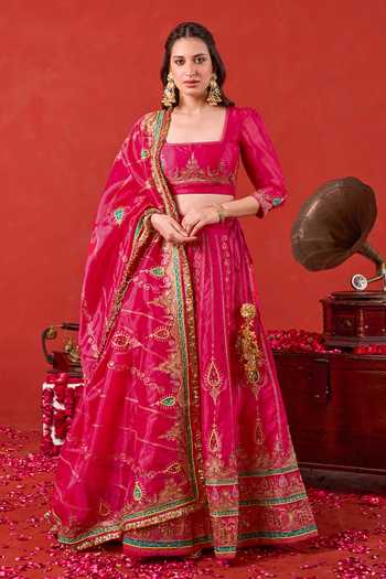 Buy_Taro_Pink Silk, Tissue Square Neck Nayaab Embroidered Lehenga Set 