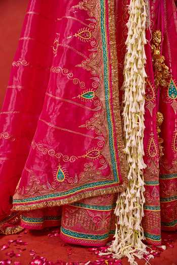 Shop_Taro_Pink Silk, Tissue Square Neck Nayaab Embroidered Lehenga Set 