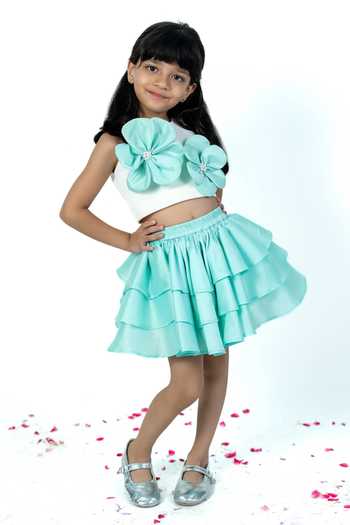 Label Kiaa_White Taffeta 3d Flower Embroidered Top And Skirt Set _Online_at_Aza_Fashions
