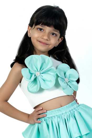 Shop_Label Kiaa_White Taffeta 3d Flower Embroidered Top And Skirt Set _Online_at_Aza_Fashions